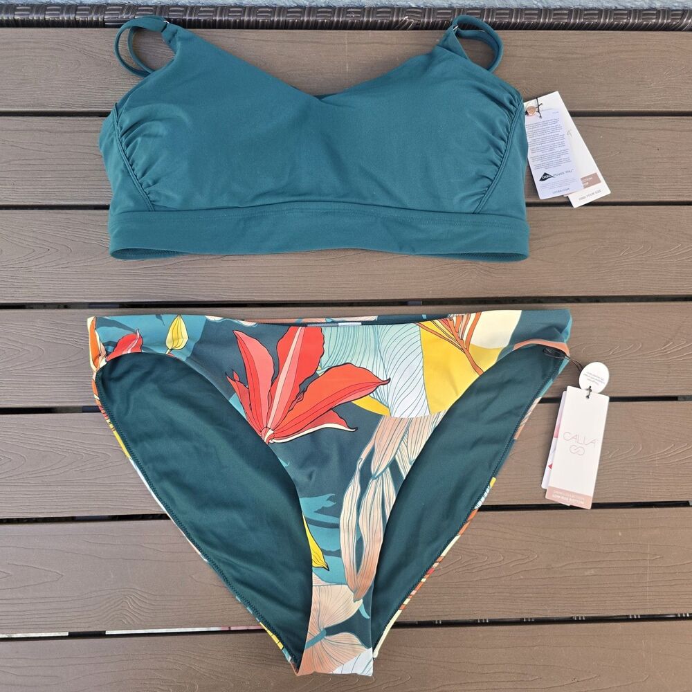 CALIA Women's Rouched Strappy Back Top & Botanical Low Rise Bikini Sz XXL New